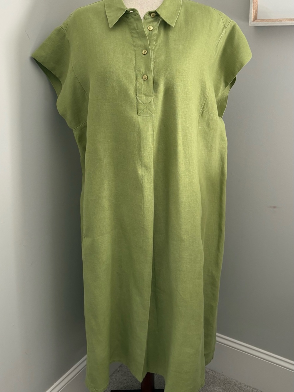 Chico's Size 16 Light Olive Green Cap Sleeve Shirt Dress Linen Lagenlook Midi